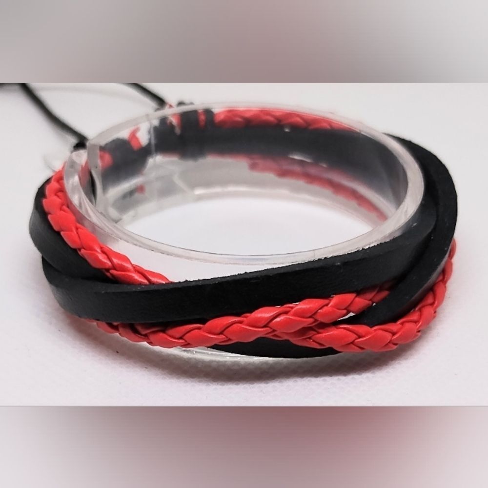 Men's leather bracelet braided layered black Red new e96‎